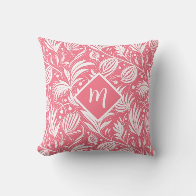 Almofada Tropical Pink Floral Pattern Diamond Monogram (Frente)