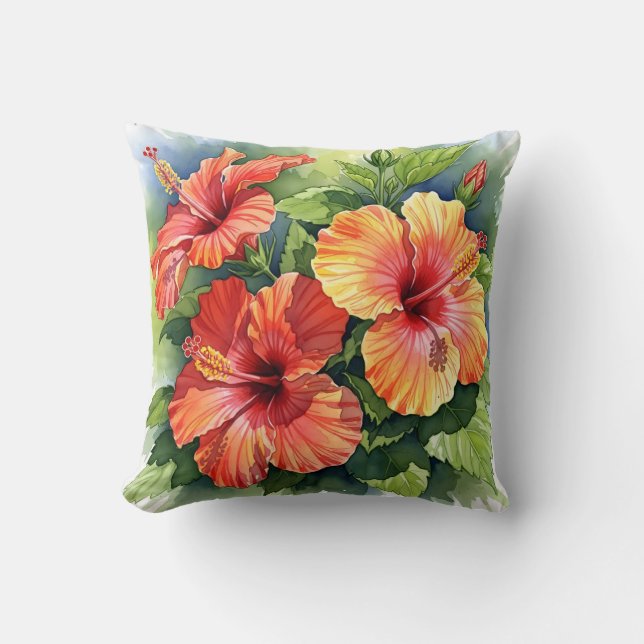 Almofada Tropical Red and Yellow Hibiscus Watercolor Floral (Frente)