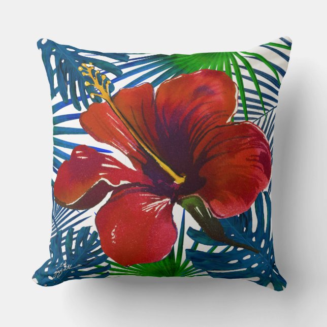 Almofada Tropical Red Hibiscus Floral Teal Greenery Beach (Frente)
