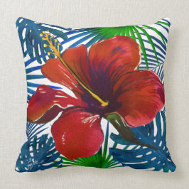Almofada Tropical Red Hibiscus Floral Teal Greenery Beach