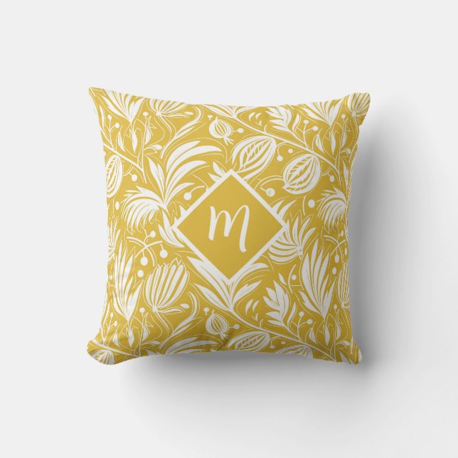 Almofada Tropical Yellow Floral Pattern Diamond Monogram  (Frente)