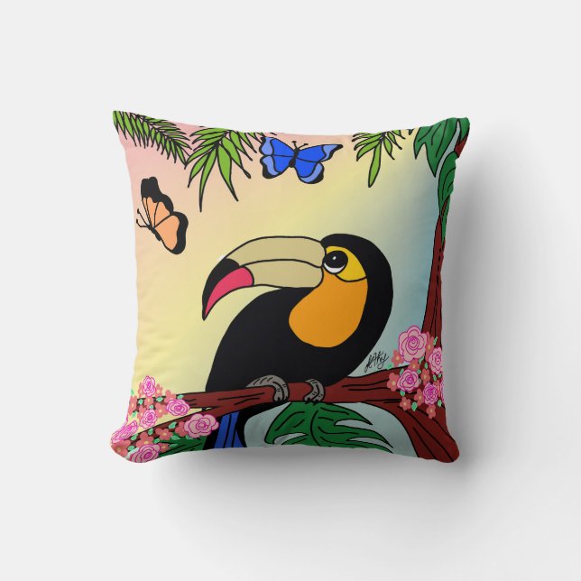 almofada Tucano tropical e borboletas esvoaçantes (Frente)