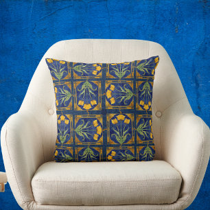 Almofada Tulipa Amarela Art Nouveau em Padrão de Azulejo Az