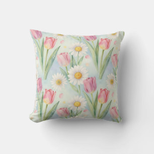 Almofada Tulipa Rosa Margarida Aquarela Padrão Primavera