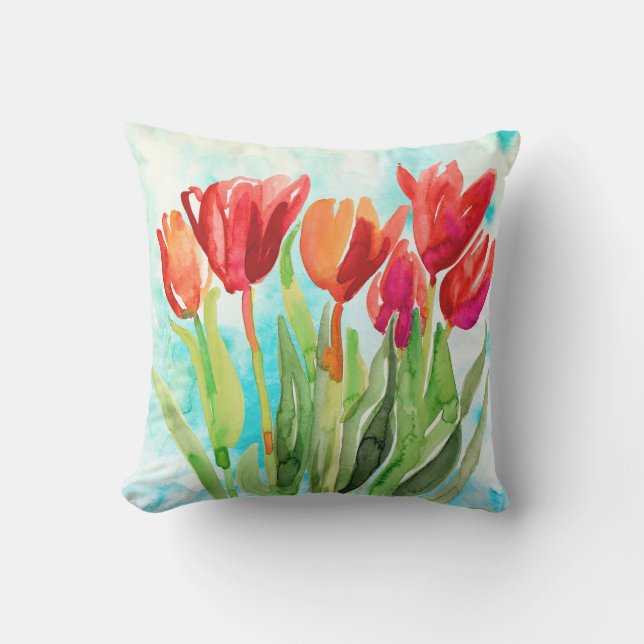 Almofada Tulipa Vermelha de Aquarela no Travesseiro decorat (Frente)