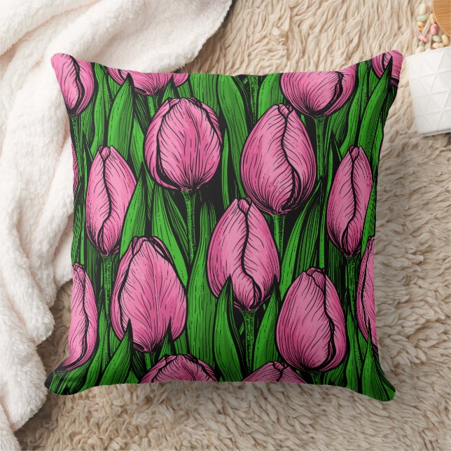 Almofada Tulipas cor-de-rosa com folhas verdes (Cobertor)