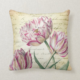 Almofada Tulipas cor-de-rosa do vintage e brancas botânicas