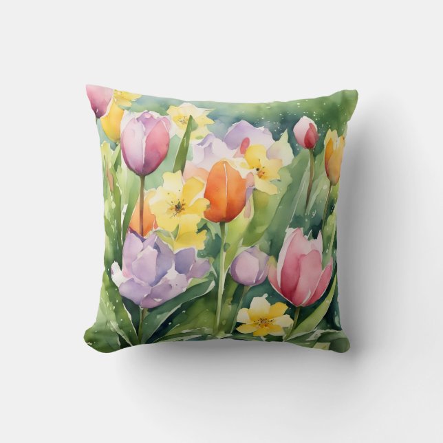 Almofada Tulipas em flor em aquarelas (Frente)