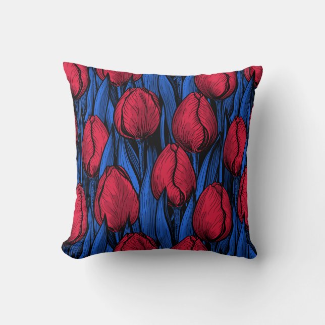 Almofada Tulipas em vermelho e azul (Frente)