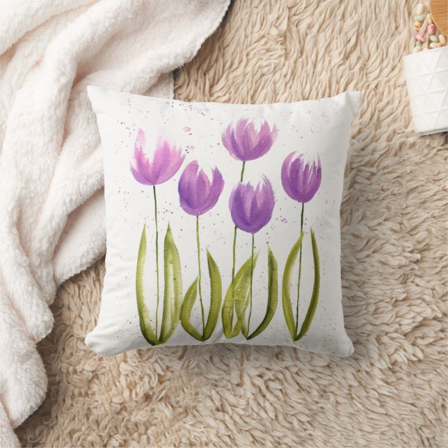 Almofada Tulipas flores aquarela púrpura esbranquiçada (Cobertor)