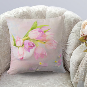 Almofada Tulipas Rosa e Branca em Xícaras de Chá