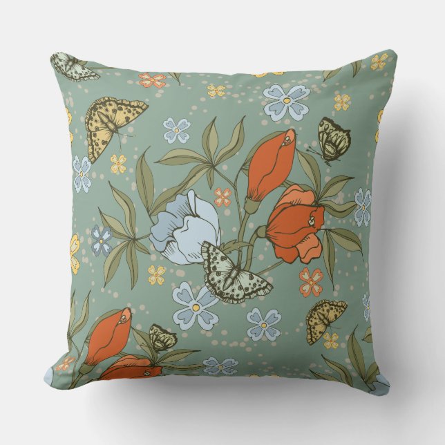 Almofada Tulipas Vermelhas Azuis Teais Borboletas Amarelas (Frente)