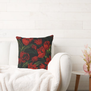 Almofada Tulipas vermelhas no Travesseiro decorativo preto