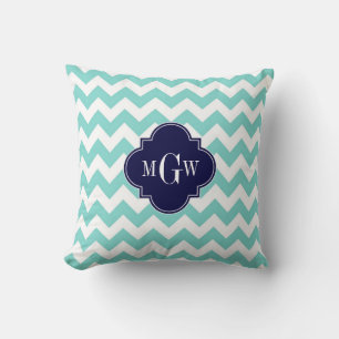 Almofada Turq / Aqua Wht Chevron Navy 3 Monograma Inicial