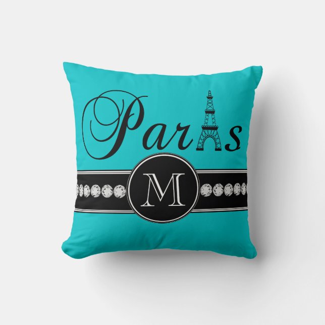 Almofada Turquesa 00c5cd Paris preta Monogrammed (Frente)