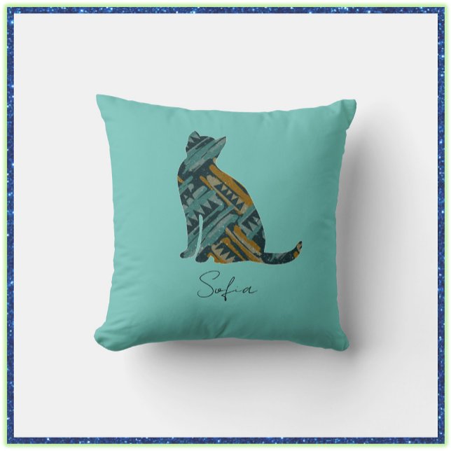 Almofada Turquesa abstrato e gato Dourado (Criador carregado)
