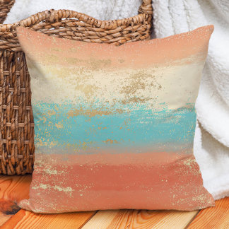 Almofada Turquesa Creme Coral Dourado Boho Costeiro