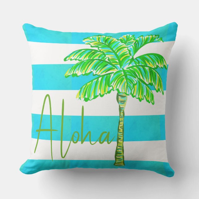 Almofada Turquesa e Árvore Palm de Stripe Branca Aloha (Frente)