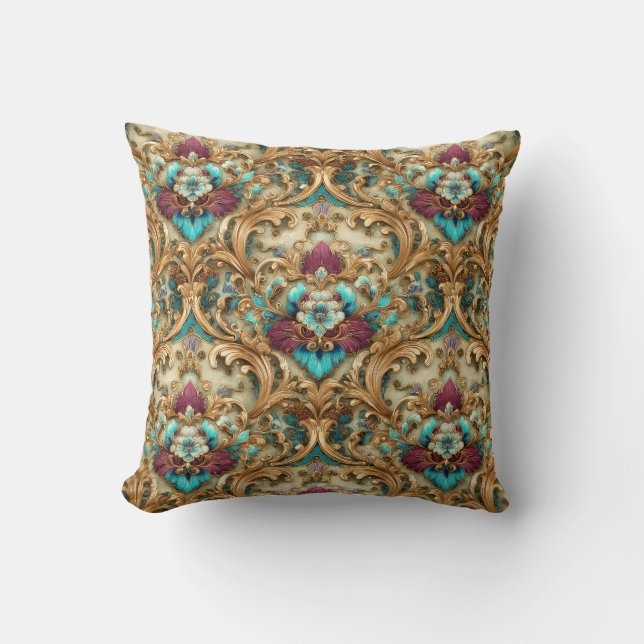 Almofada Turquesa e Dourado Damask Ornado (Frente)