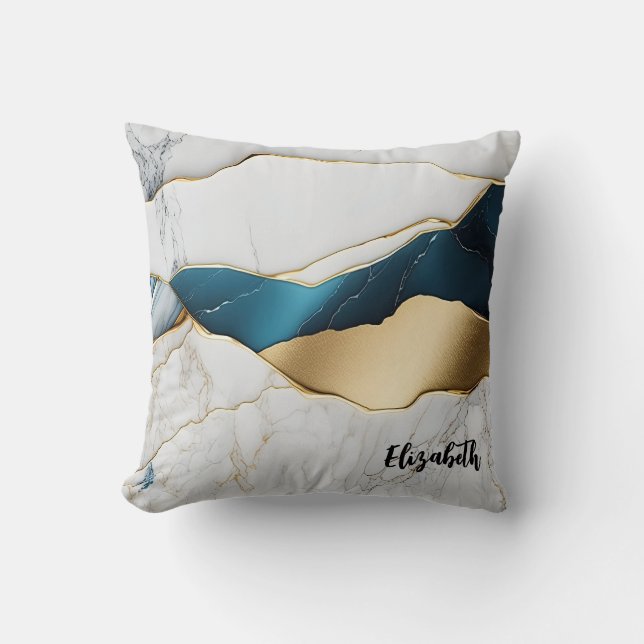 Almofada Turquesa Mármore Pedra Branco Resfriado Dourado (Frente)