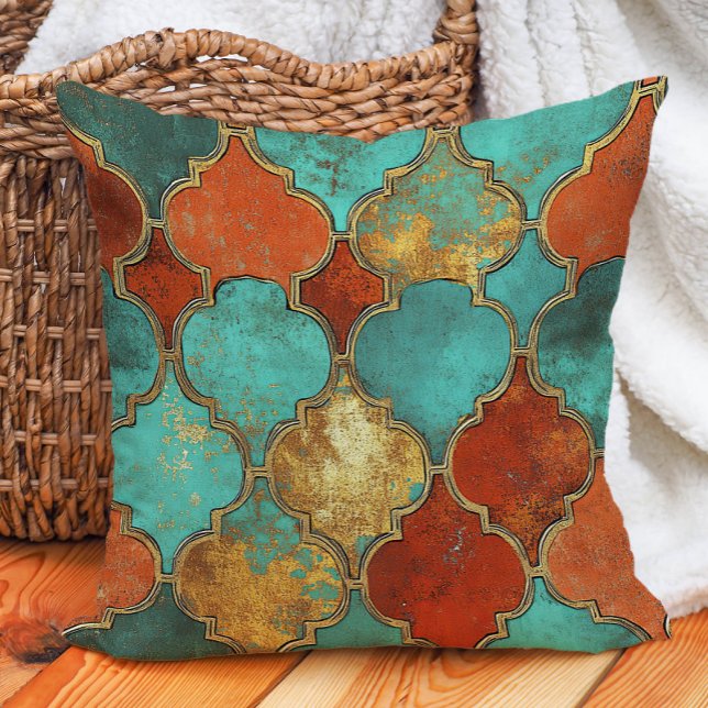 Almofada Turquesa Queimada Quatrefoil Laranja Laranja (Turquoise and burnt orange pillow)