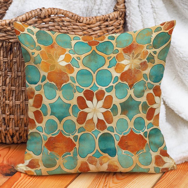 Almofada Turquesa Terracotta Azulejo Marroquino Boho Earth  (Turquoise Terracotta Moroccan Tile Boho Earth Tone Throw Pillow)