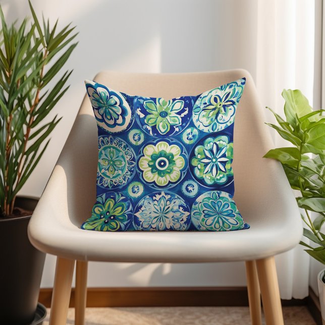 Almofada Turquesa Verde Marinho Floral Boho (Navy Green Turquoise Boho Floral Throw Pillow)