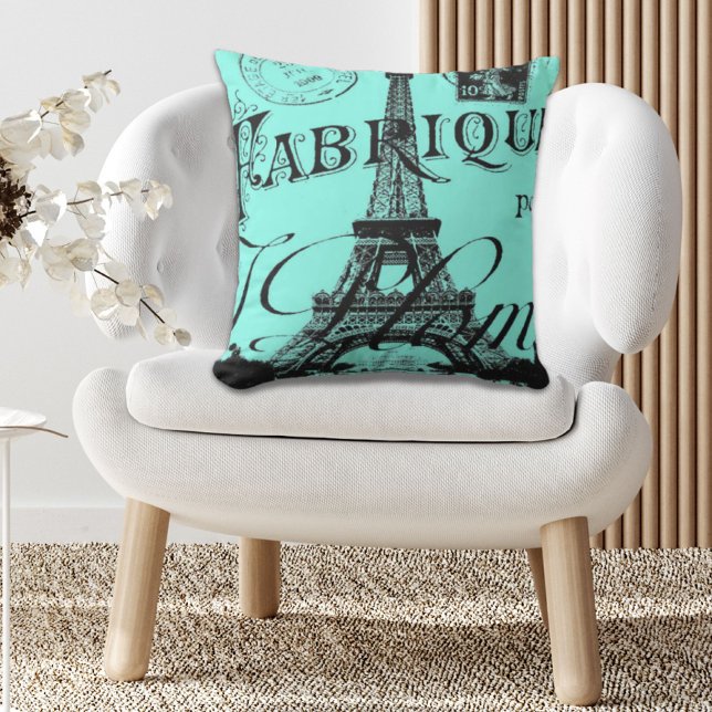 Almofada turquoise aqua teal scripts Paris Eiffel Tower (turquoise aqua teal scripts Paris Eiffel Tower Outdoor Pillow)