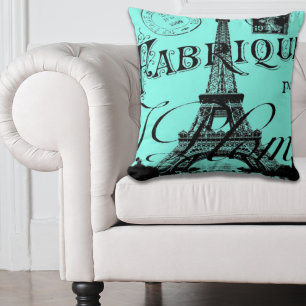 Almofada turquoise aqua teal scripts Paris Eiffel Tower