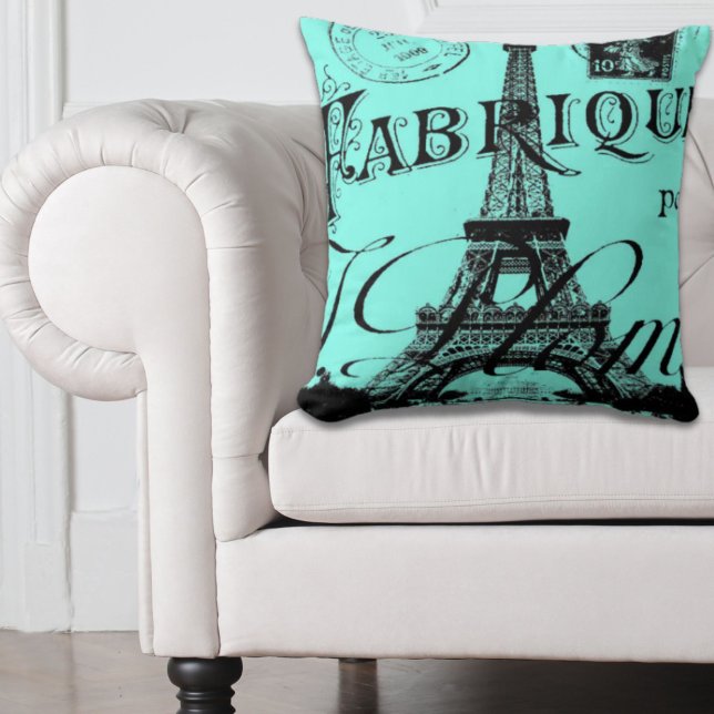 Almofada turquoise aqua teal scripts Paris Eiffel Tower (turquoise aqua teal scripts Paris Eiffel Tower Throw Pillow)