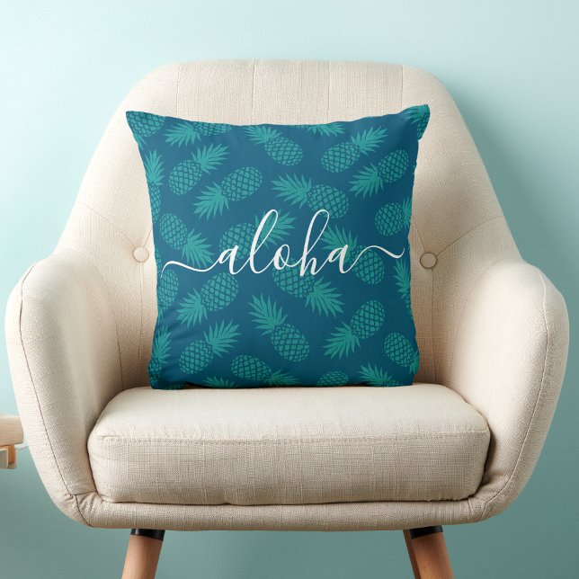 Almofada Turquoise Teal Aloha Script Pineapple Bold (Criador carregado)