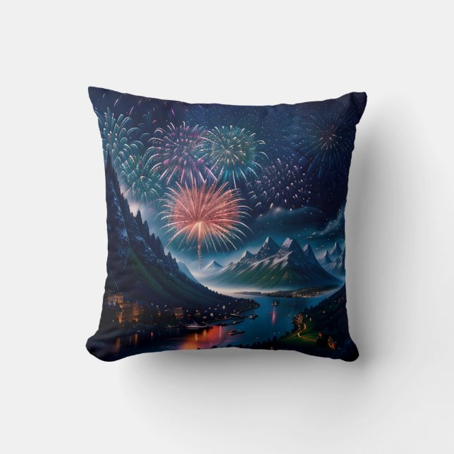 Almofada Twilight Mountain com fogos de artifício (Frente)