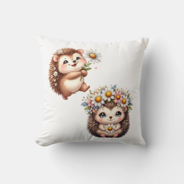 Almofada Two Cute Romantic Floral Hedgehog Couple Throw Pil (Frente)