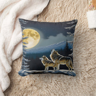 Almofada Uivando Lobos Sob Lua Cheia no inverno