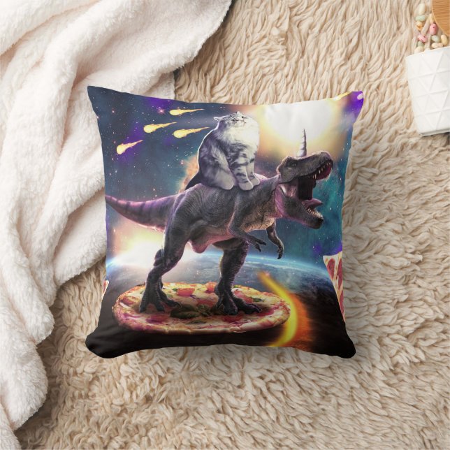 Almofada Um gato dirigindo unicórnio de dinossauro no espaç (Cobertor)