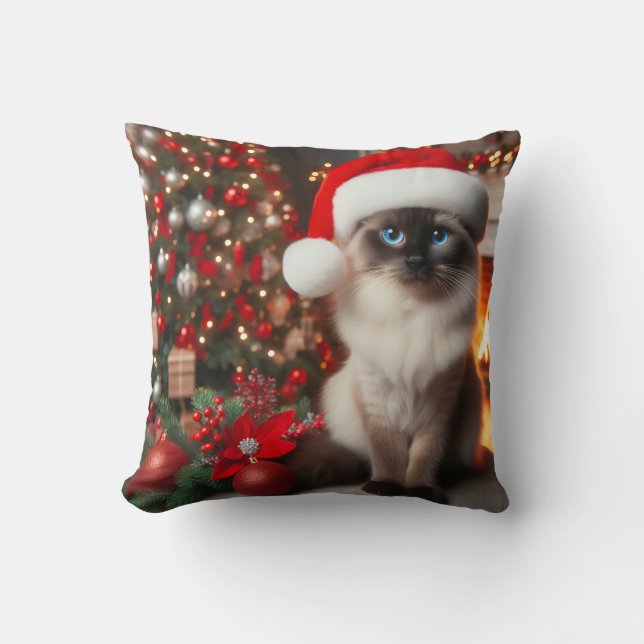Almofada Um gato siamês com chapéu de Papai Noel  (Frente)