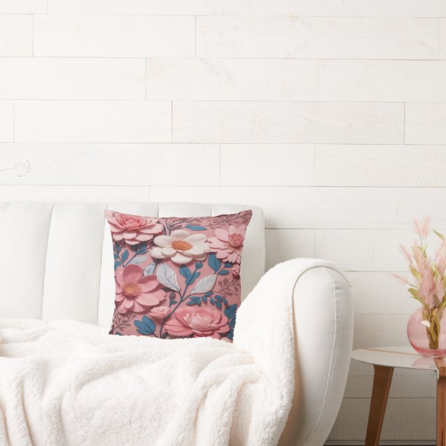 Almofada Um padrão floral com fundo rosa (Sofá)