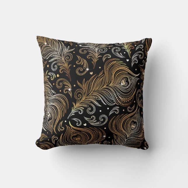 Almofada Um padrão perfeito com penas de pavão. Mão livre (Frente)