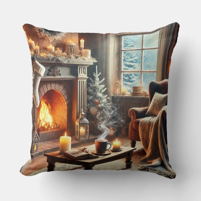 Almofada Uma cena de inverno confortável perto da lareira q (Frente)