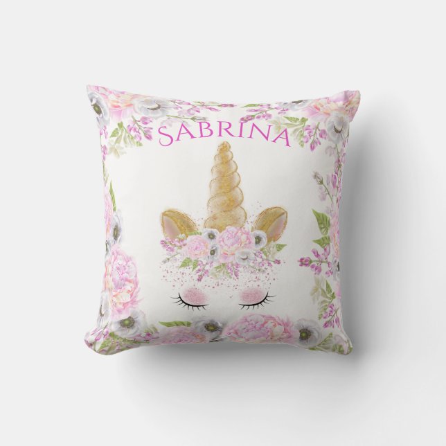 Almofada Unicorn Face Rosa Peony Floral WhimsicalArtwork™ (Frente)
