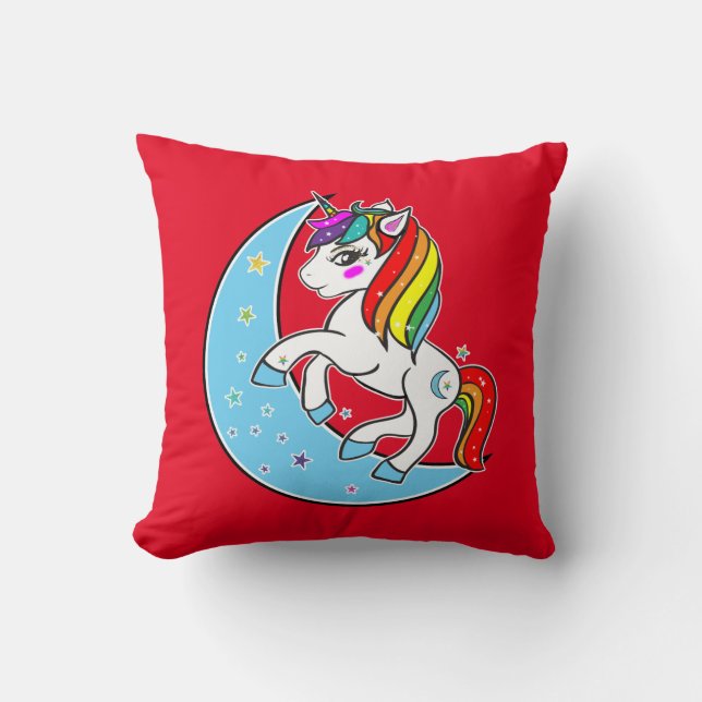 Almofada Unicórnio Arco-Íris Celestial Lua Azul & Estrelas (Frente)