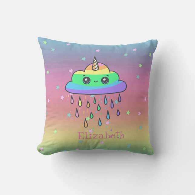Almofada Unicórnio Caprichoso Arco-íris, Chuva, Ombre (Frente)