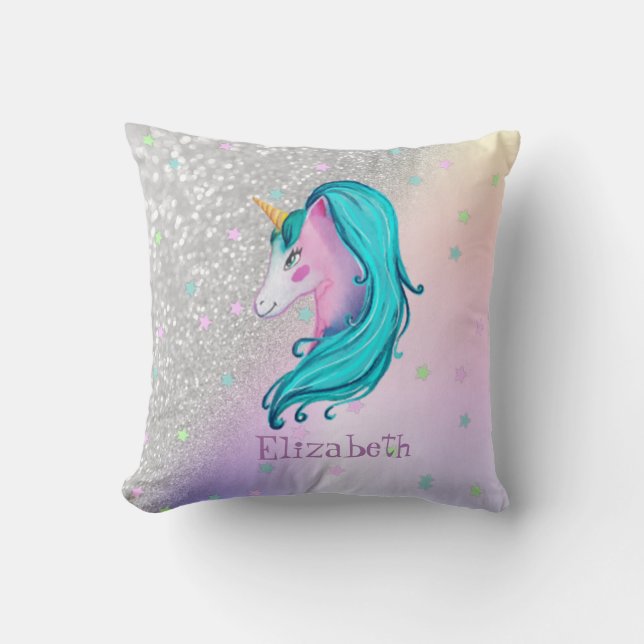 Almofada Unicórnio De Aquarela, Estrelas, Glitter De Prata (Frente)