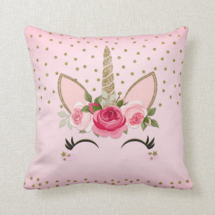 Almofada Unicórnio Floral Rosa e Purpurina Dourada