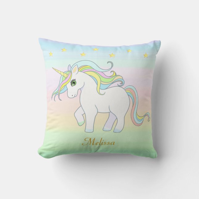 Almofada Unicórnio Fofo & Estrelas em Cores Pastel (Frente)