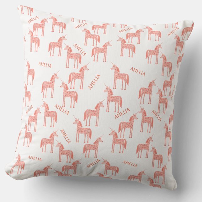 Almofada Unicórnio Rosa Nome Personalizado (Personalized custom name pink unicorn pattern throw pillow)