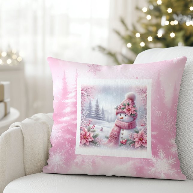 Almofada Unique Pink Snowman Christmas Scene Kids Holiday   (Unique Pink Snowman Christmas Scene Kids Holiday Pillow

)