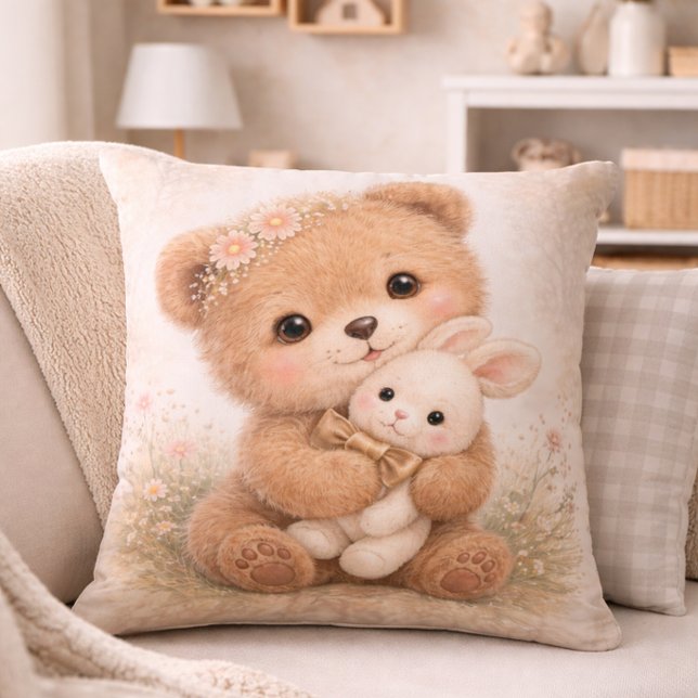 Almofada Ursa Bebê Fofa Com Coelho Neutro Quarto Infantil (Criador carregado)