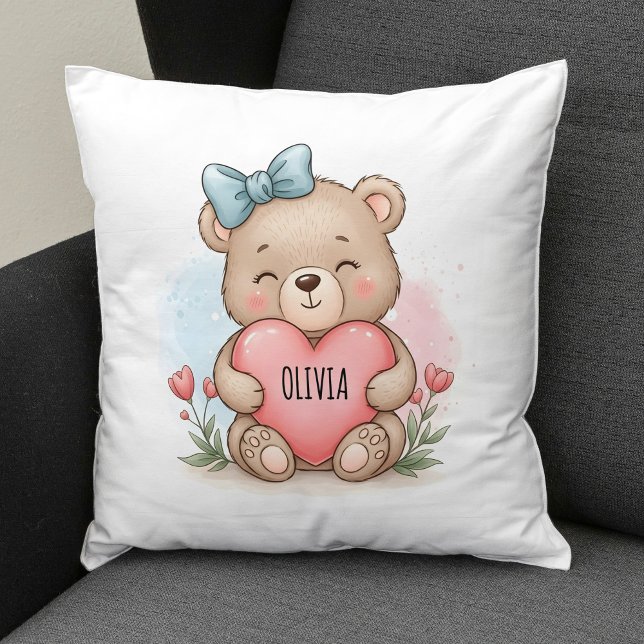 Almofada Ursa de Pelúcia Fofa Segurando Coração Rosa (Criador carregado)