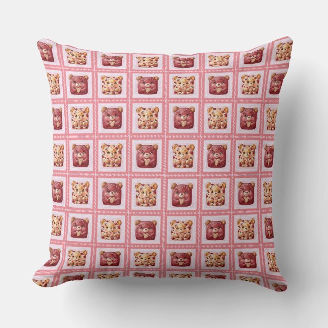 Almofada Ursa de Veludo Vermelho Fofa com Patchwork de Bisc (Frente)